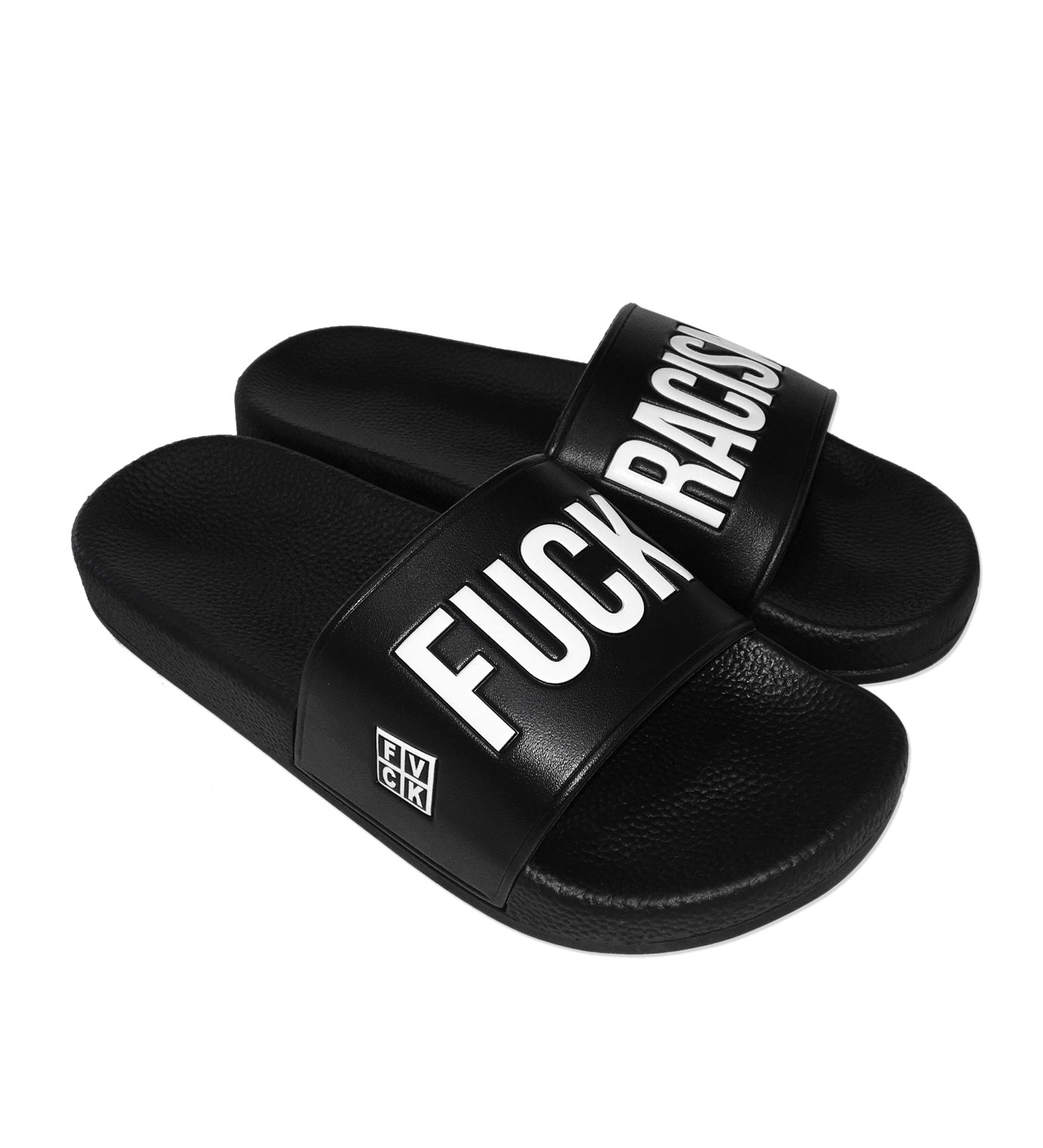 claquettes fuck racism slides - fuck racism - fvck - forverycoolkids -sandales  - streetwear - nike slides - anti raciste -  black lives matter