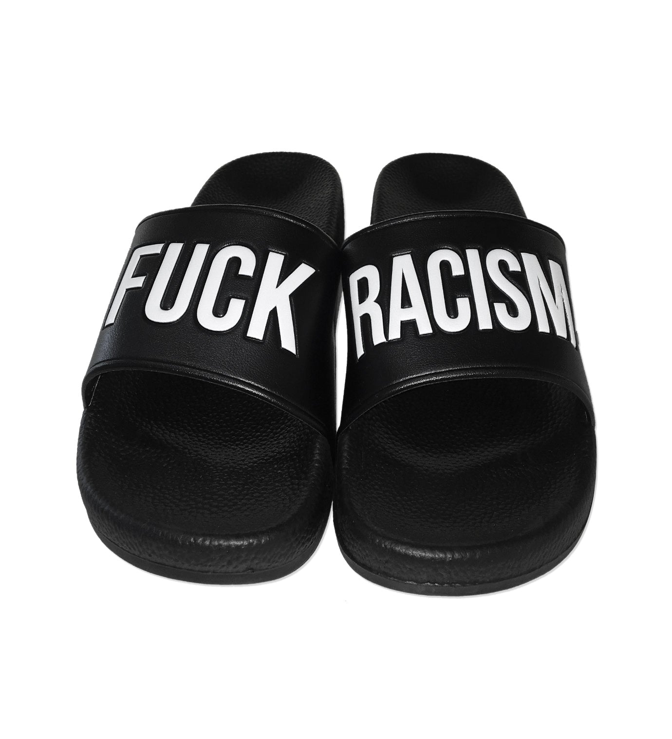 claquettes fuck racism slides - fuck racism - fvck - forverycoolkids -sandales  - streetwear - nike slides - anti raciste -  black own brand